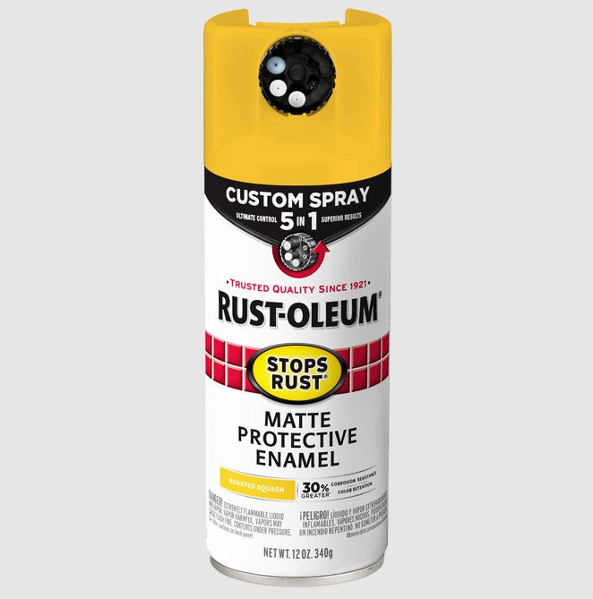 A can of Rust-Oleum Stops Rust Matte Protective Enamel spray paint in the color roasted squash, featuring a yellow top, black middle band, and white lower label on a light gray background.
