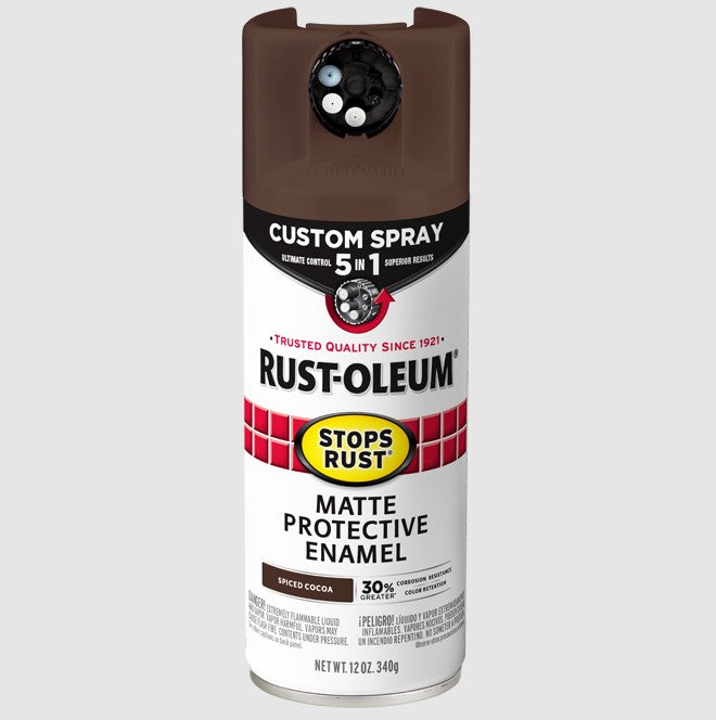 A can of Rust-Oleum Stops Rust Matte Protective Enamel spray in the Spiced Cocoa colorway, shown against a light gray background.