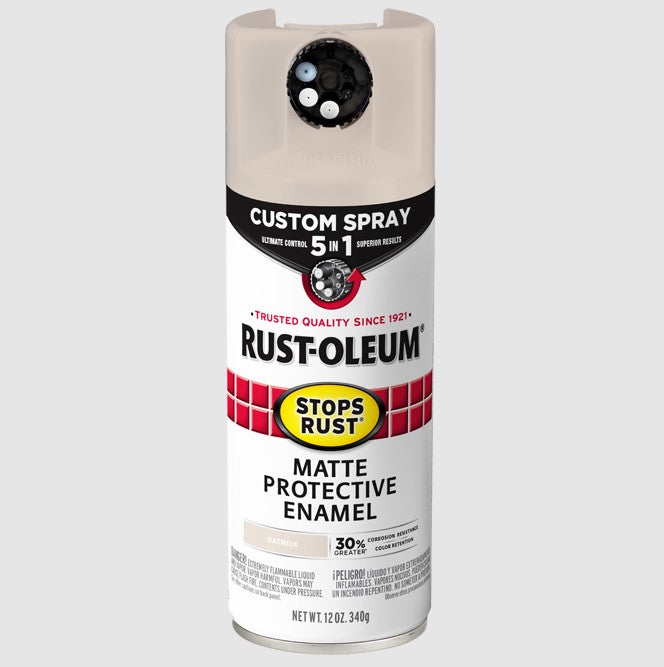 A can of Rust-Oleum Stops Rust Matte Protective Enamel spray paint in oat milk, shown against a neutral light gray background.
