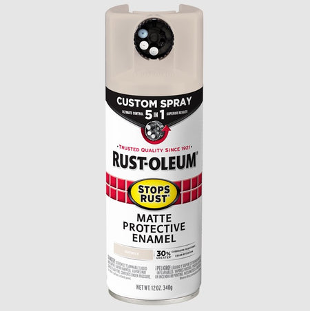 A can of Rust-Oleum Stops Rust Matte Protective Enamel spray paint in oat milk, shown against a neutral light gray background.