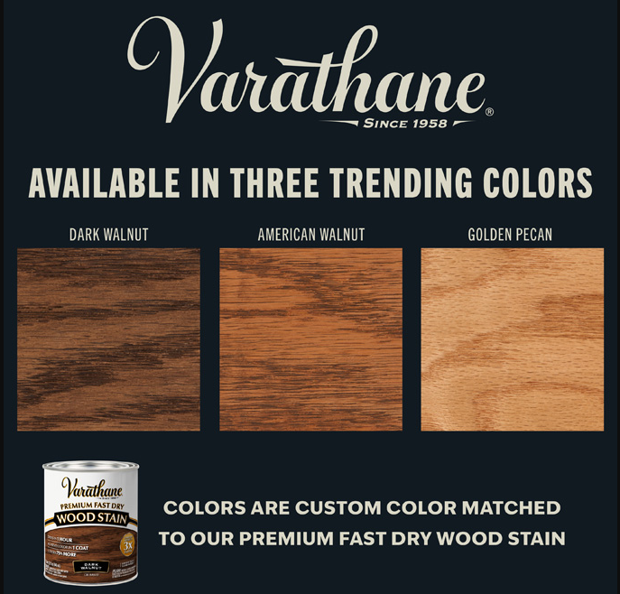 Varathane wood stain color options graphic showing three stained wood panels labeled Dark Walnut, American Walnut, and Golden Pecan on a dark navy background, with a can of Varathane wood stain at the bottom left.