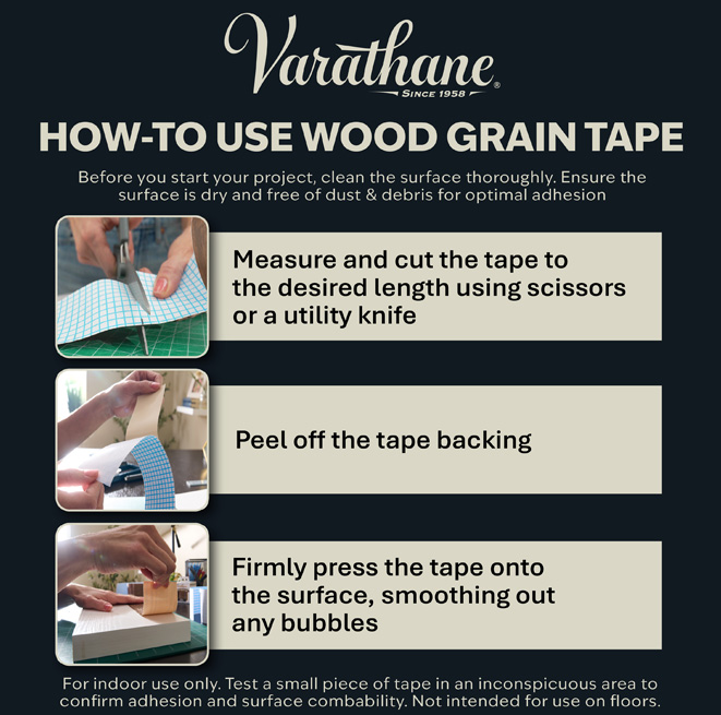 An instructional graphic for Varathane wood grain tape, showing three steps: measuring and cutting the tape, peeling off the backing, and pressing the tape onto a surface. The background is dark navy blue with Varathane branding at the top.