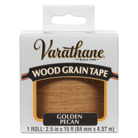 Varathane Golden Pecan wood grain tape in its original white cardboard packaging, featuring a clear window showing the wood grain tape roll inside.
