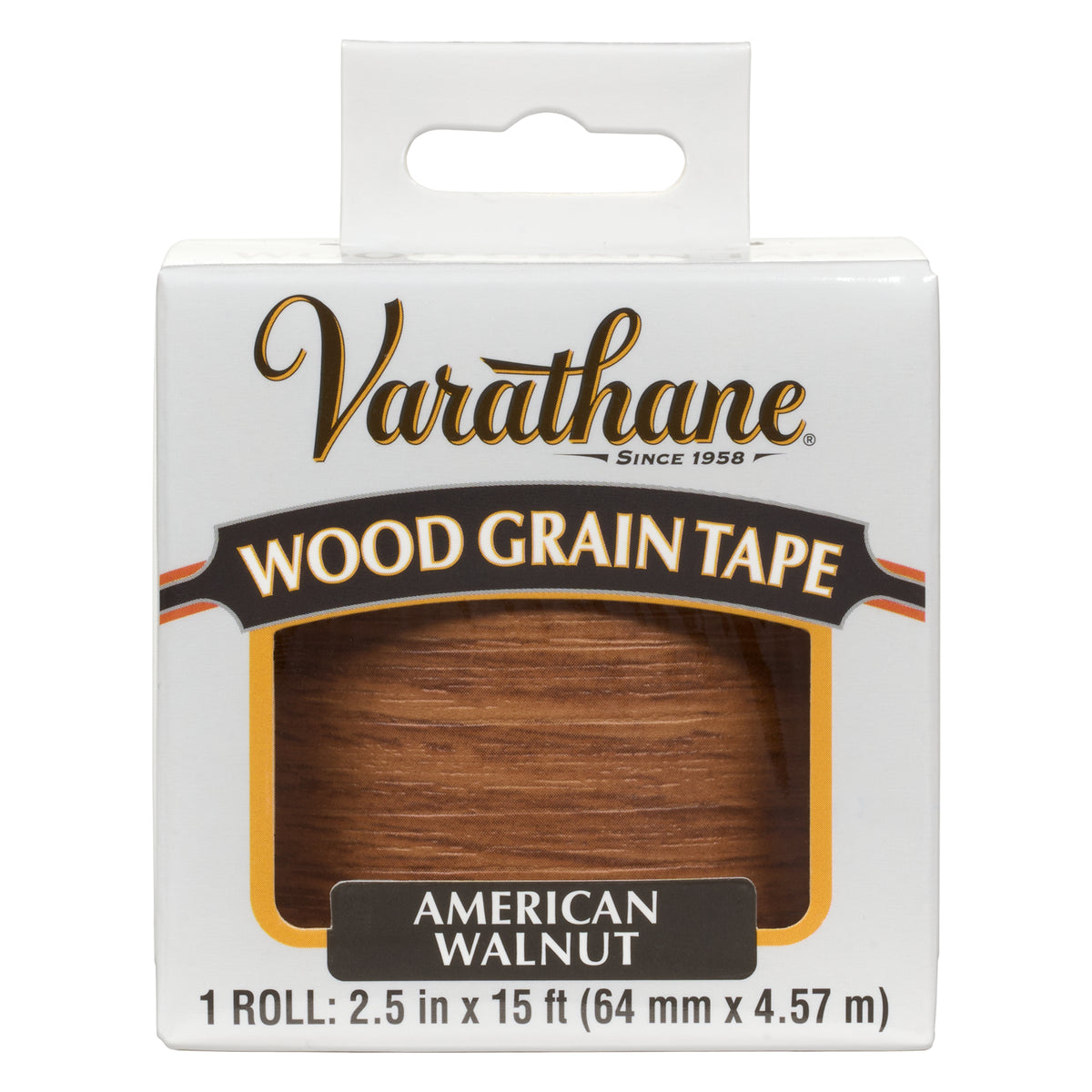 Varathane Wood Grain Tape in American Walnut, packaged in a white cardboard hanging box with a clear window showing the brown wood-grain tape.
