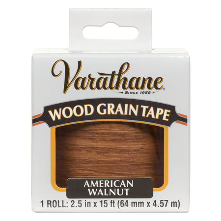 Varathane Wood Grain Tape in American Walnut, packaged in a white cardboard hanging box with a clear window showing the brown wood-grain tape.