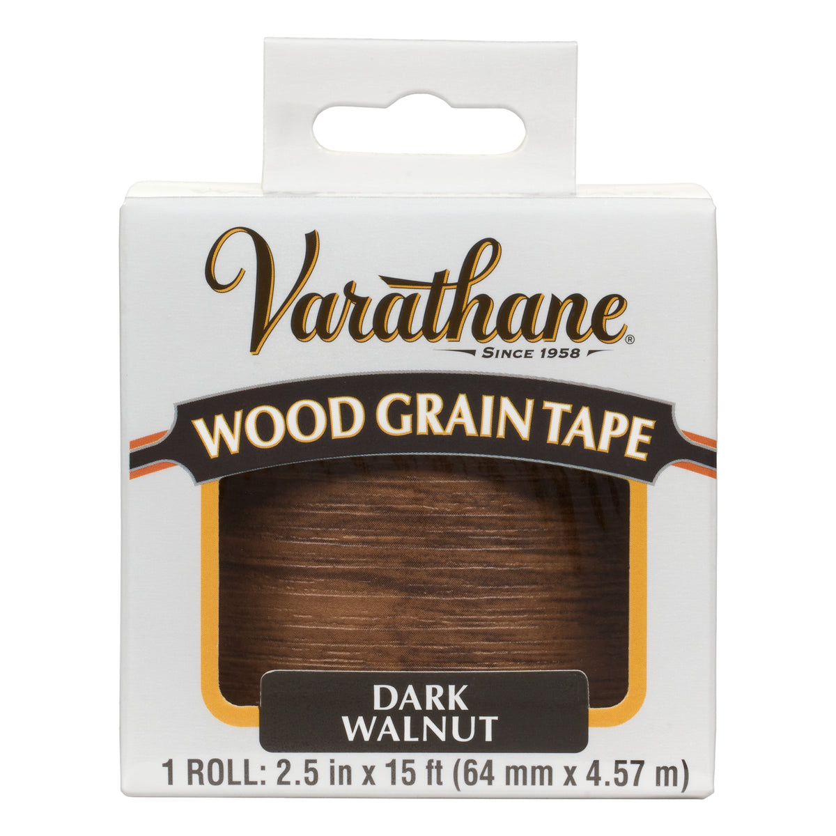 Varathane Wood Grain Tape in the Dark Walnut color, packaged in a white cardboard box with a hanging tab.