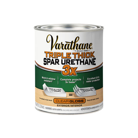 A can of Varathane Triple Thick Spar Urethane 3X exterior wood finish, featuring a white, green, and orange label with a silver metal lid, shown on a solid white background.