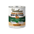 A can of Varathane Triple Thick Spar Urethane 3X exterior wood finish, featuring a white, green, and orange label with a silver metal lid, shown on a solid white background.