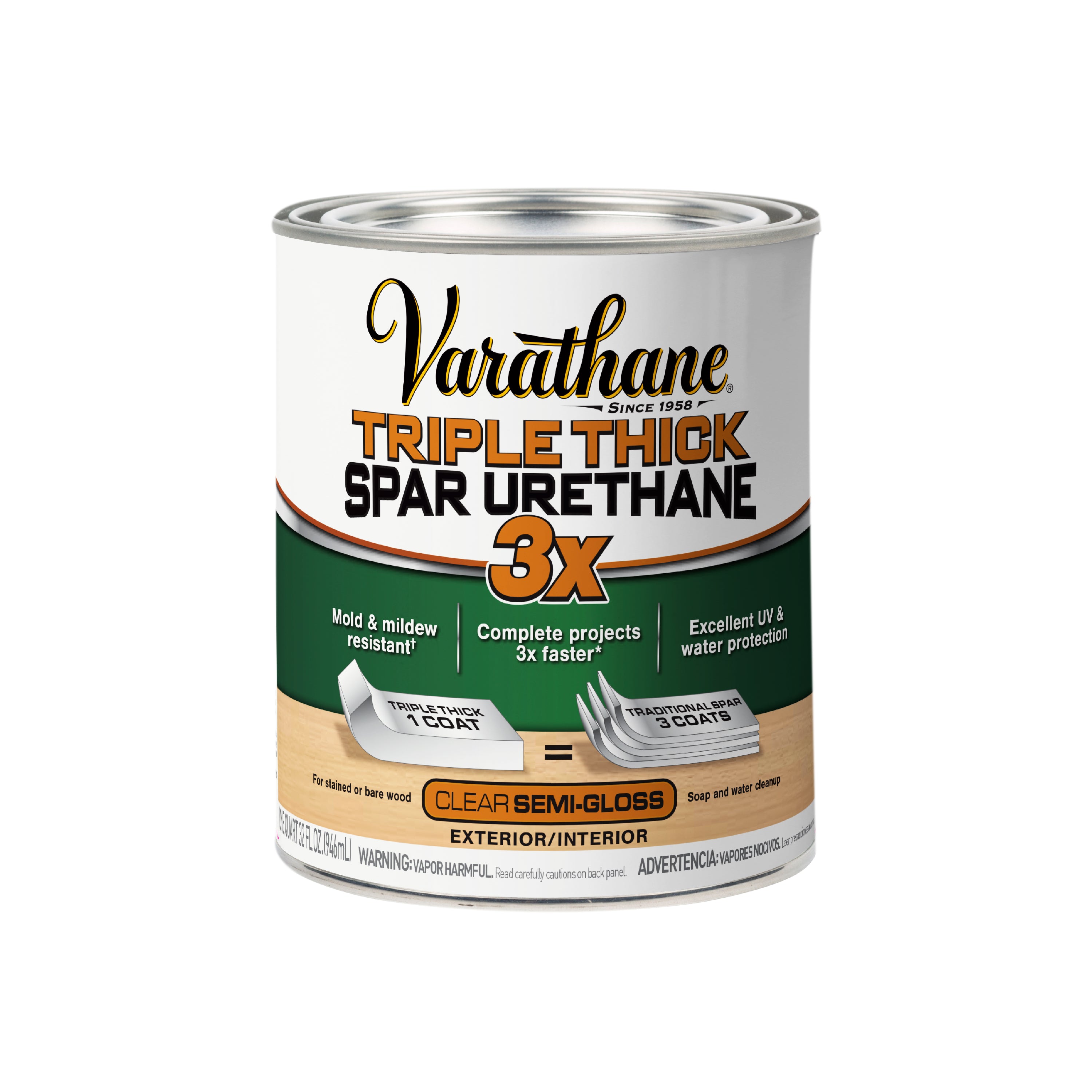 A can of Varathane Triple Thick Spar Urethane exterior and interior wood finish, featuring a white, green, and orange label on a clean white background.