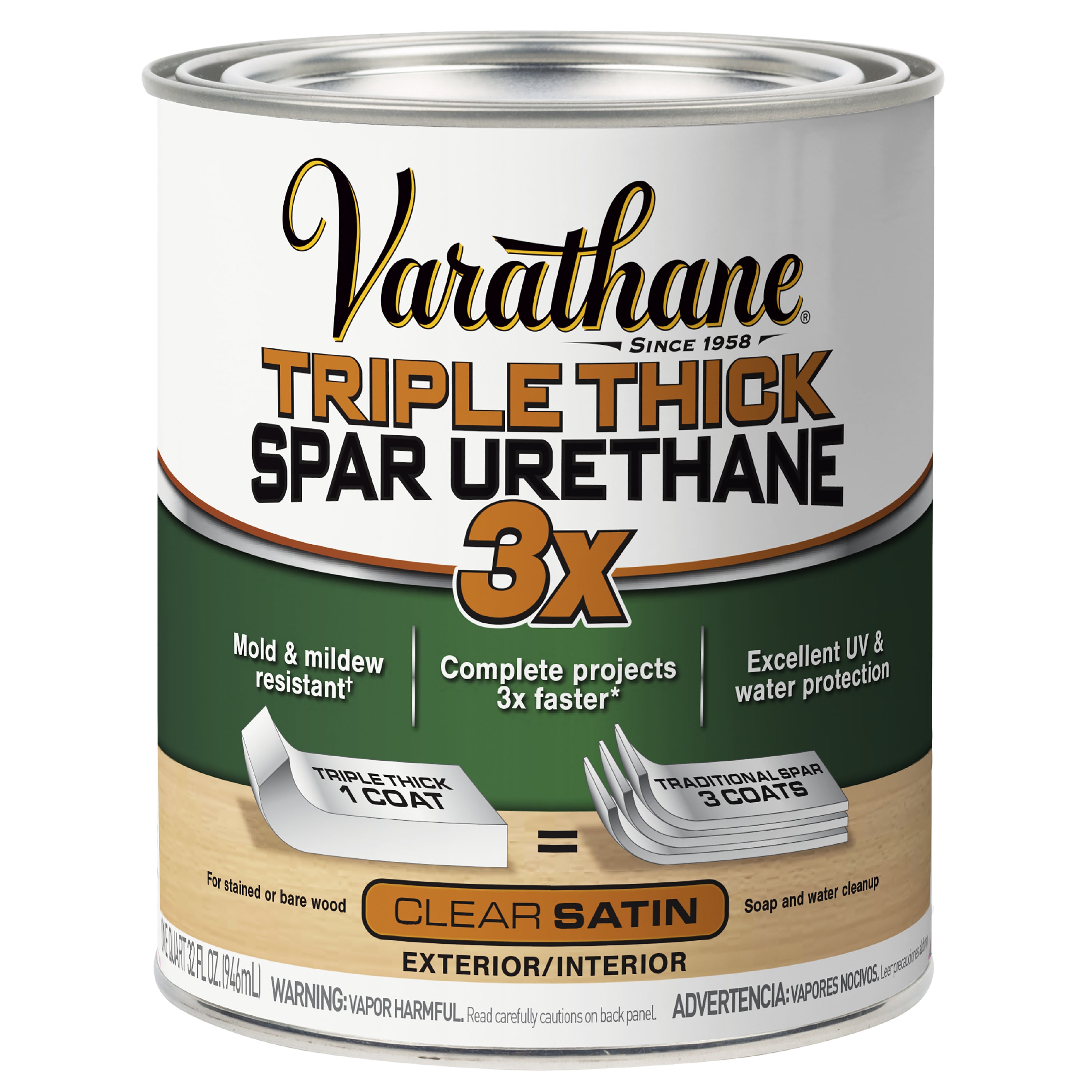 A 16 oz can of Varathane Triple Thick Spar Urethane 3X clear satin exterior and interior wood finish, shown on a clean white background.