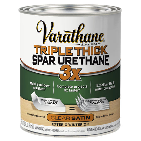 A 16 oz can of Varathane Triple Thick Spar Urethane 3X clear satin exterior and interior wood finish, shown on a clean white background.