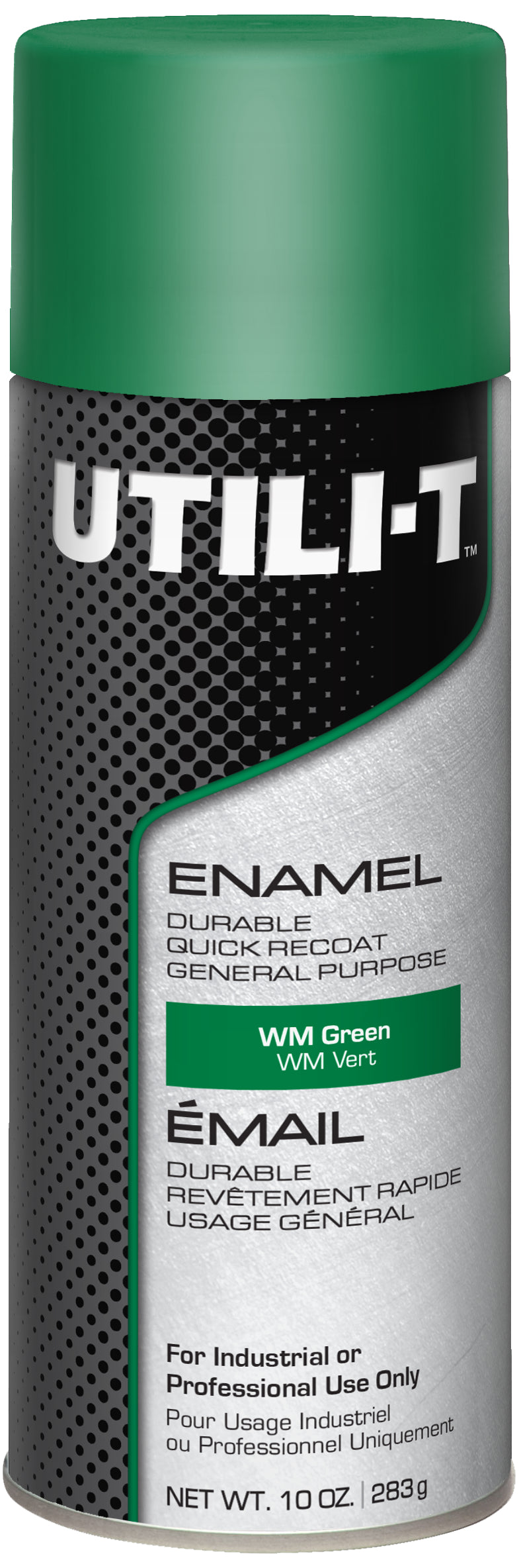 A can of Util-T Enamel spray paint in the color WM Green, featuring a green cap and a black and silver label.