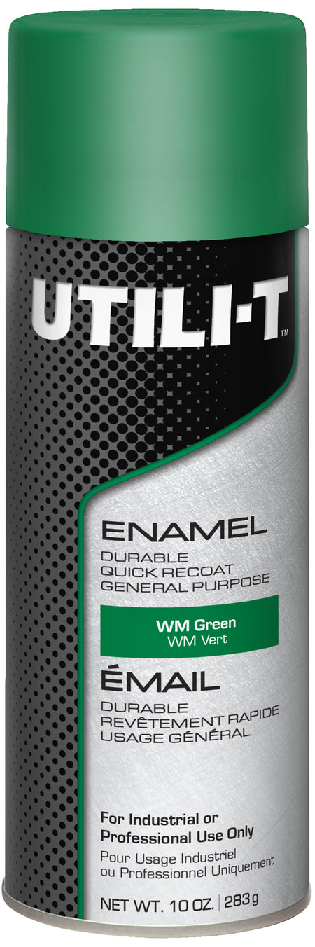 A can of Util-T Enamel spray paint in the color WM Green, featuring a green cap and a black and silver label.