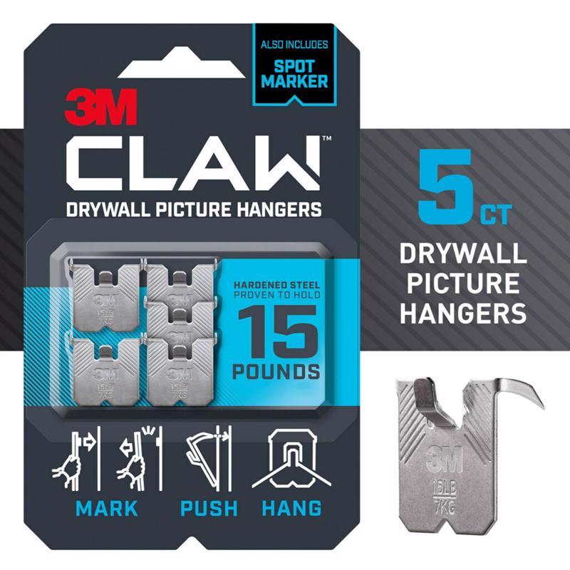 Packaging of 3M CLAW drywall picture hangers with product count and details on a white background