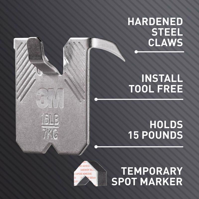 3M CLAW drywall picture hanger with 3M branding on a dark background, featuring text about its features.