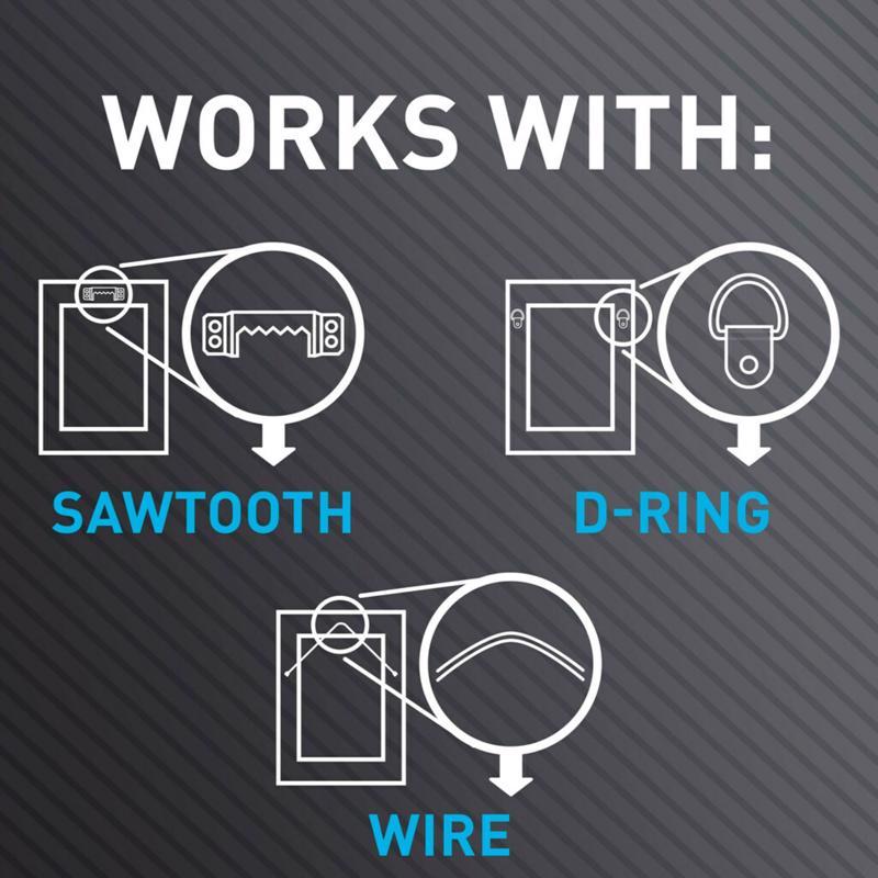 Diagram showing how to hang a picture with sawtooth, d-ring, and wire methods on a textured gray background.