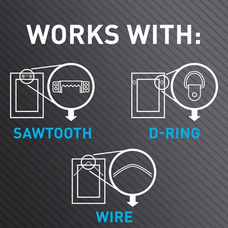 Diagram showing how to hang a picture with sawtooth, d-ring, and wire methods on a textured gray background.