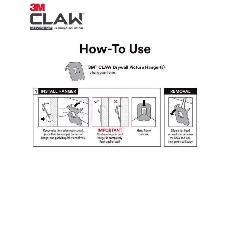 Instructions for using 3M CLAW drywall picture hangers on a white background