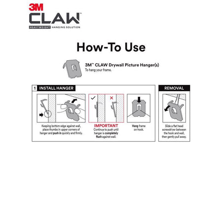 Instructions for using 3M CLAW drywall picture hangers on a white background