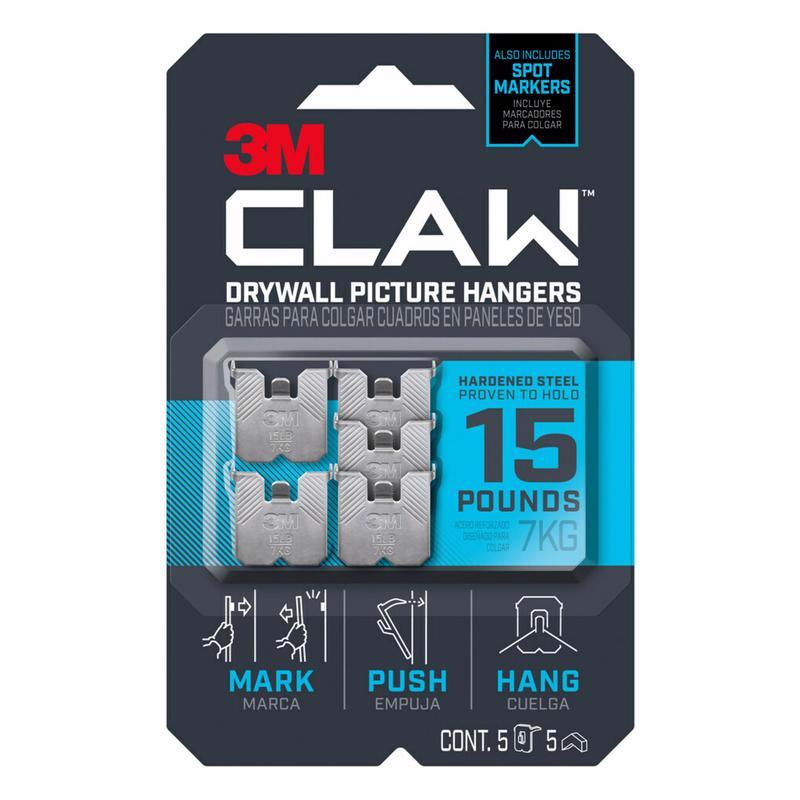 Packaging of 3M CLAW drywall picture hangers with product details on a white background