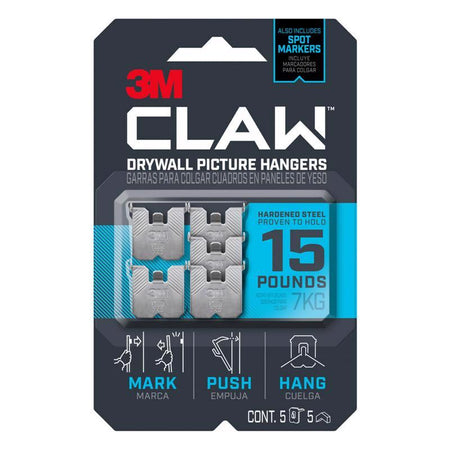 Packaging of 3M CLAW drywall picture hangers with product details on a white background