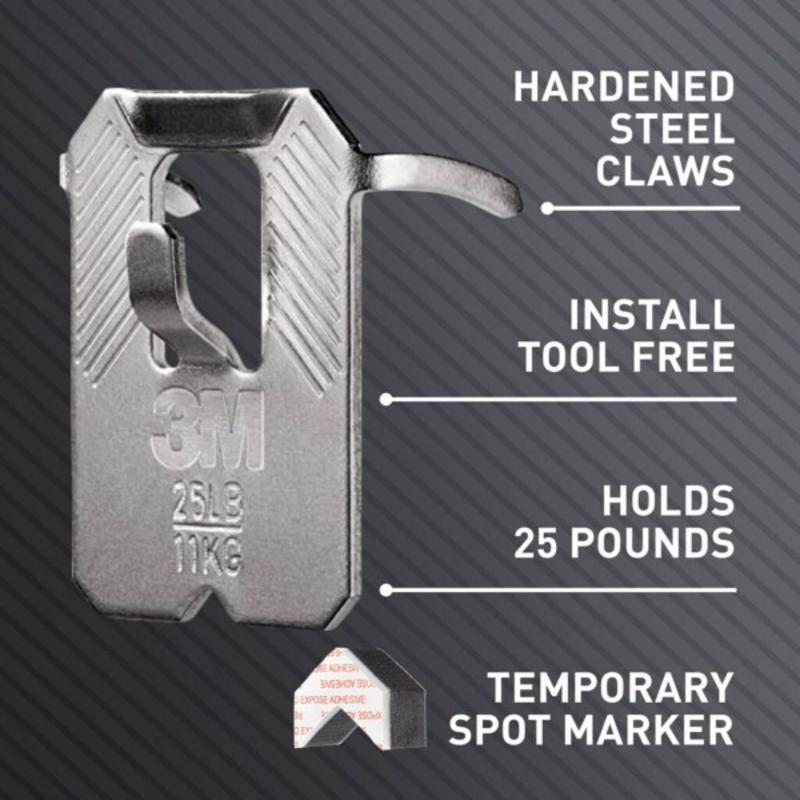 3M CLAW drywall picture hanger with 3M branding on a gray background, featuring text about its features.