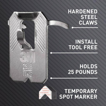 3M CLAW drywall picture hanger with 3M branding on a gray background, featuring text about its features.