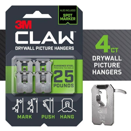 Packaging of 3M CLAW drywall picture hangers with a spot marker, showing 4 count on a white background.