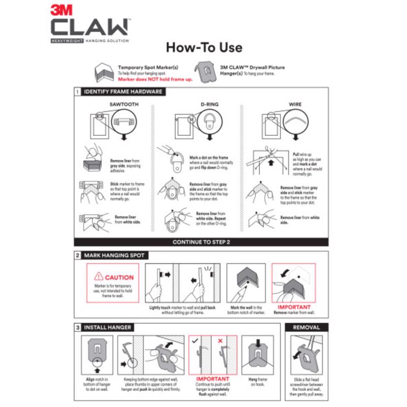 Instructional guide for using 3M Claw hanging system on a white background