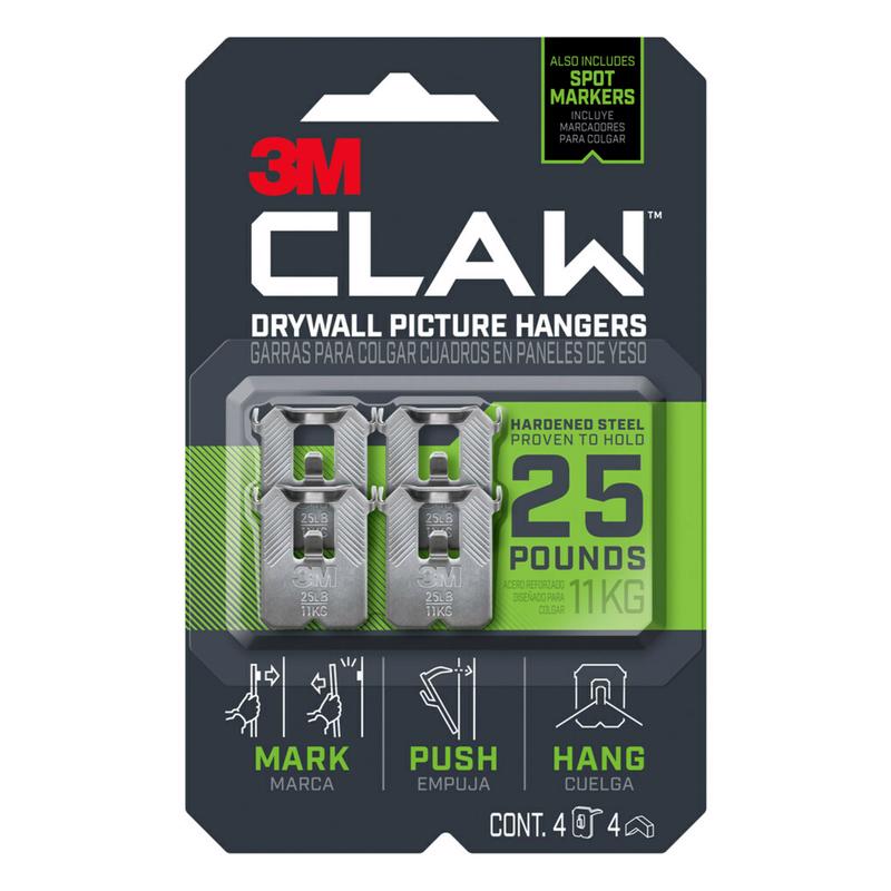 Packaging of 3M CLAW drywall picture hangers with product details on a white background