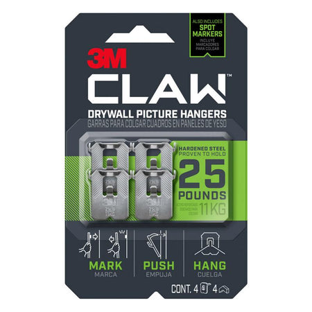 Packaging of 3M CLAW drywall picture hangers with product details on a white background