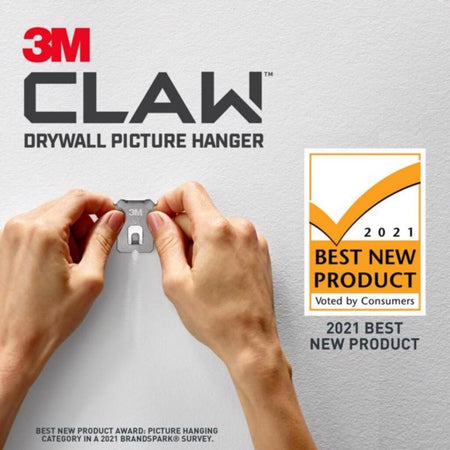 3M CLAW drywall picture hanger with hands demonstrating use and a 2021 Best New Product award badge.