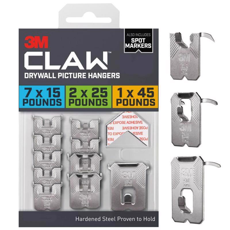 Packaging of 3M CLAW drywall picture hangers with product display on a white background