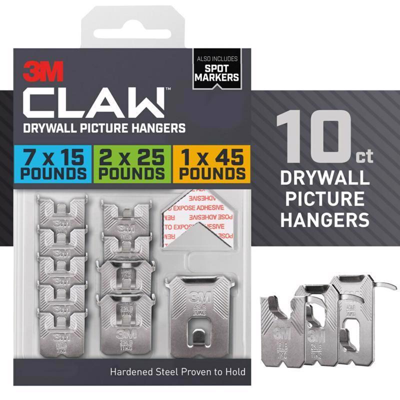 Packaging of 3M CLAW drywall picture hangers with product count details on a white background
