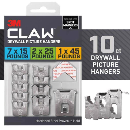 Packaging of 3M CLAW drywall picture hangers with product count details on a white background
