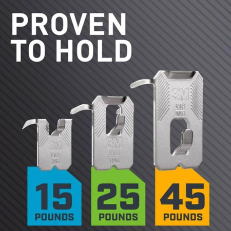 Three sizes of 3M CLAW metal clips with weight capacity labels on a gray background