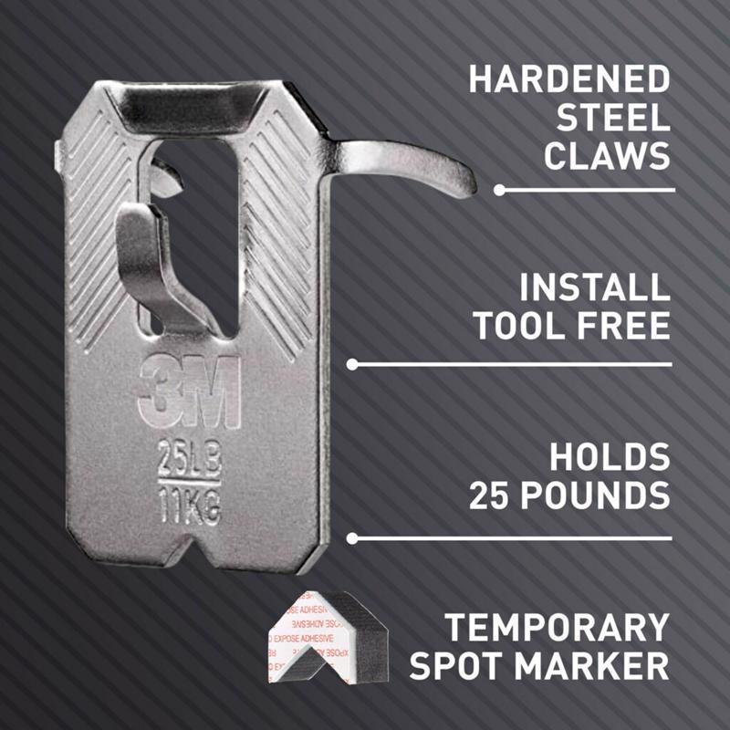 3M CLAW picture hanger with text highlighting features on a gray background