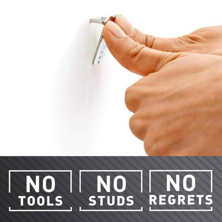 Hand holding a small tool with text 'No Tools, No Studs, No Regrets' on a white background.