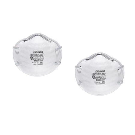 Two 3M 8200 white particulate respirators on a white background