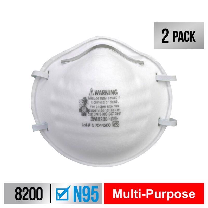 3M 8200 N95 multi-purpose face mask with '2 Pack' label on a white background
