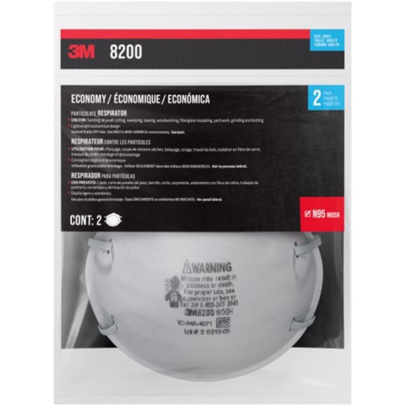 Packaging of 3M 8200 N95 mask with label and warning text.