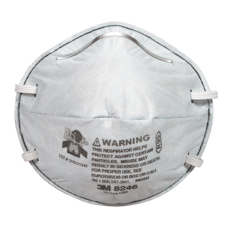 3M 8246 respirator mask with warning label on a white background