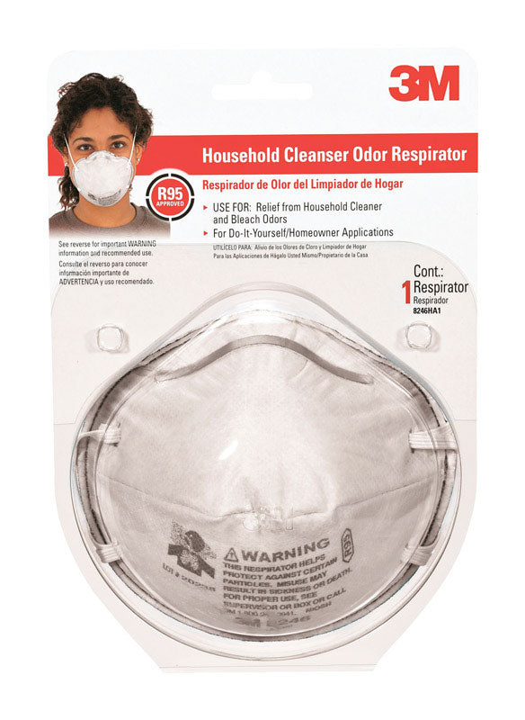 3M Household Cleanser Odor Respirator packaging with a person wearing the respirator.