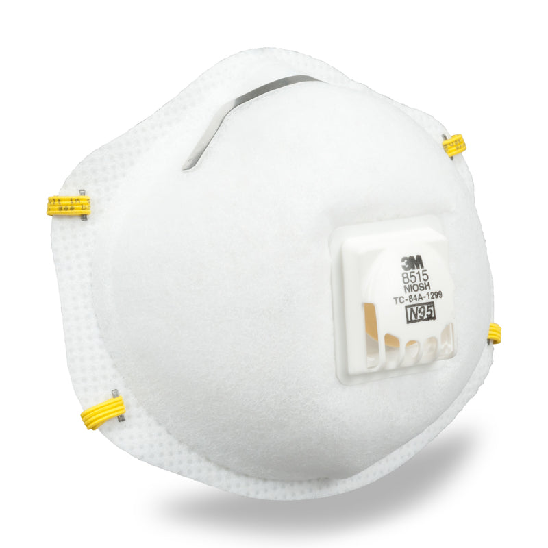 White respirator mask with yellow accents on a white background