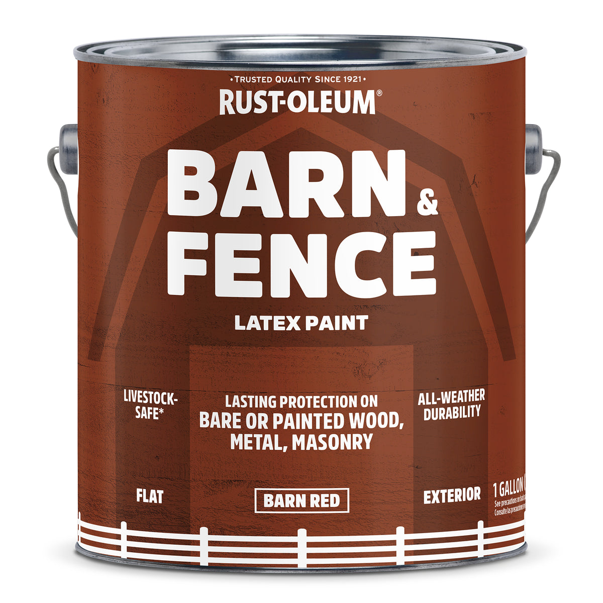 A 1 gallon can of Rust-Oleum Barn & Fence Latex Paint in 'Barn Red', featuring a brown label with white text and a white fence graphic at the bottom.