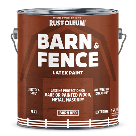 A 1 gallon can of Rust-Oleum Barn & Fence Latex Paint in 'Barn Red', featuring a brown label with white text and a white fence graphic at the bottom.