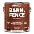A 1 gallon can of Rust-Oleum Barn & Fence Latex Paint in 'Barn Red', featuring a brown label with white text and a white fence graphic at the bottom.