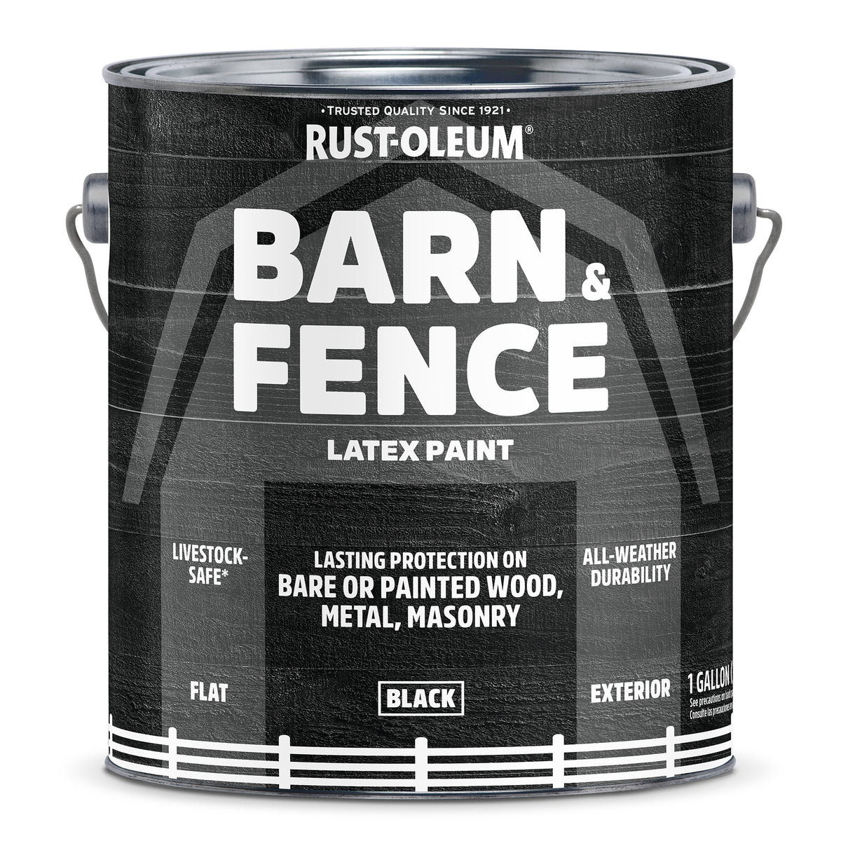 A 1-gallon Rust-Oleum Barn & Fence Latex Paint can in black, shown on a clean white background. The label features a dark wood-grain texture with white text and a white fence graphic at the bottom.