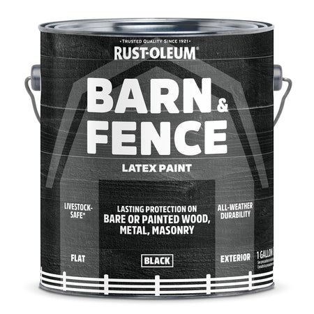 A 1-gallon Rust-Oleum Barn & Fence Latex Paint can in black, shown on a clean white background. The label features a dark wood-grain texture with white text and a white fence graphic at the bottom.