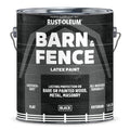 A 1-gallon Rust-Oleum Barn & Fence Latex Paint can in black, shown on a clean white background. The label features a dark wood-grain texture with white text and a white fence graphic at the bottom.